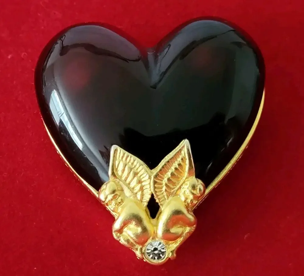 Givenchy Vintage Guardian Angel Cherub Red Lucid Heart Pin Brooch Gold Tone RARE